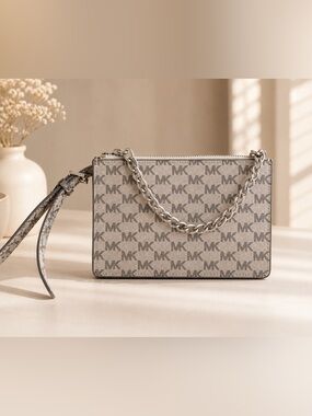 Michael Kors Taupe MK Logo Fanny Pack with Silver Chain XL